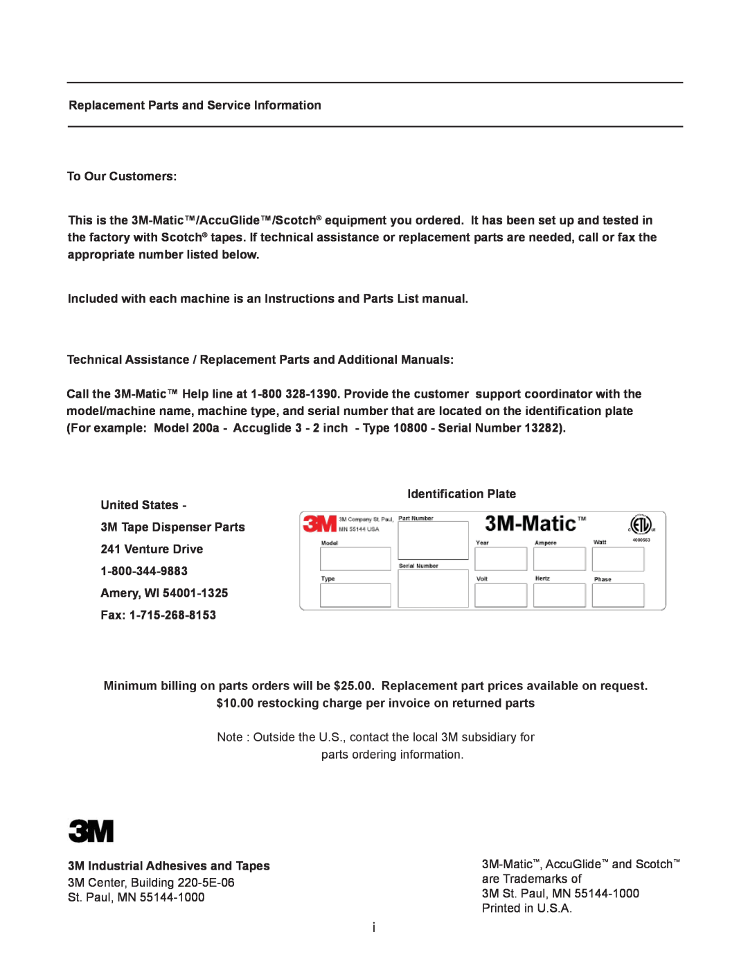 3M 40800 operating instructions Replacement Parts and Service Information 