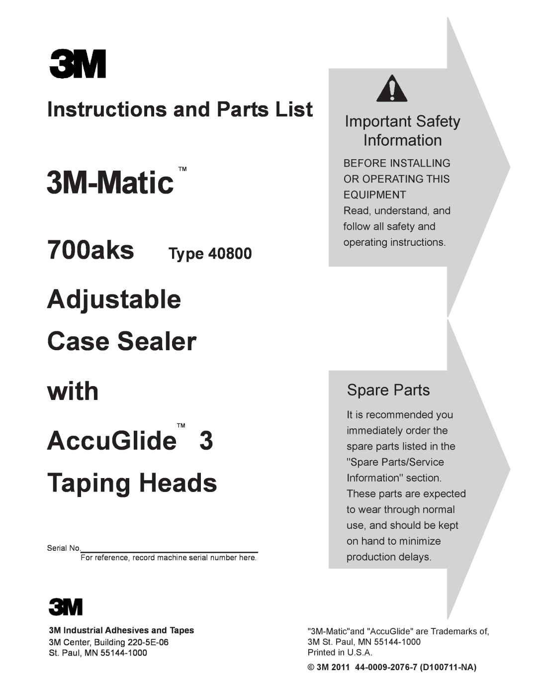 3M 40800 operating instructions Adjustable, Case Sealer, with, AccuGlide, Taping Heads, Important Safety, Information 