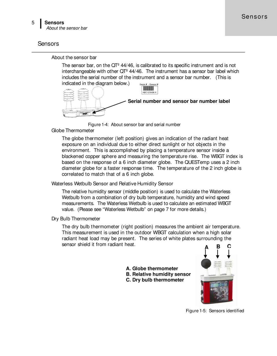 3M 46, 44 Sensors, About the sensor bar, Globe Thermometer, Waterless Wetbulb Sensor and Relative Humidity Sensor 