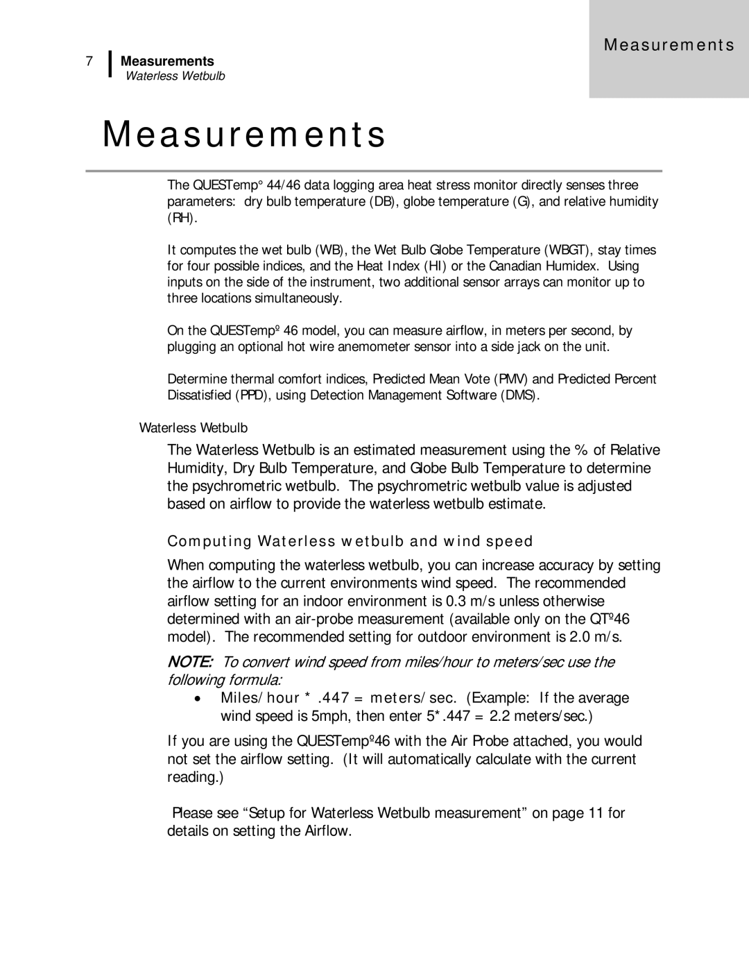 3M 46, 44 user manual Waterless Wetbulb, Computing Waterless wetbulb and wind speed 