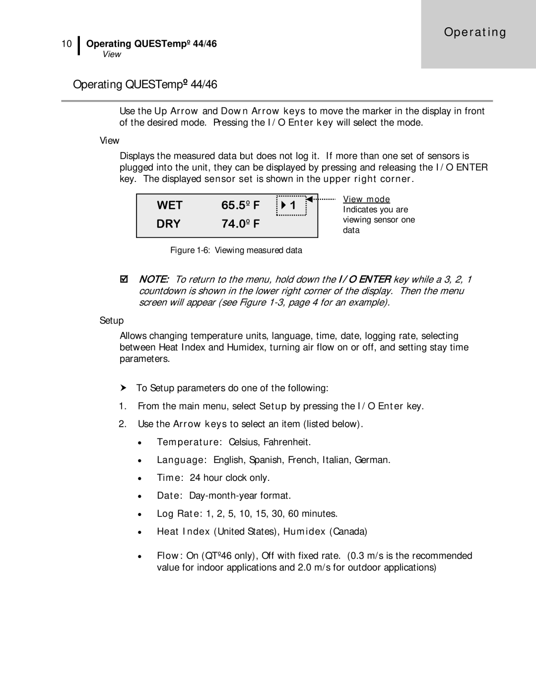 3M user manual Operating QUESTempº 44/46, View, Setup 