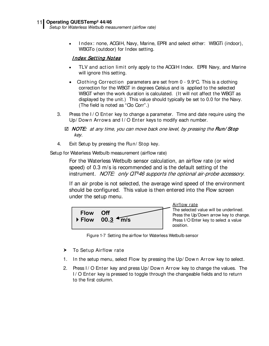 3M 46, 44 user manual Setup for Waterless Wetbulb measurement airflow rate, Index Setting Notes 