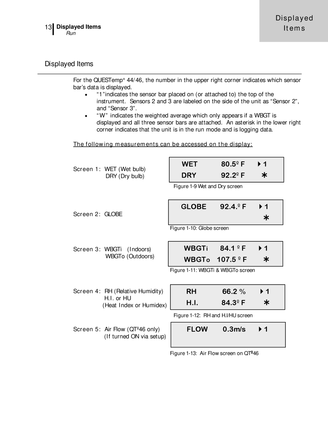 3M 46, 44 user manual Displayed Items, Flow 0.3m/s  