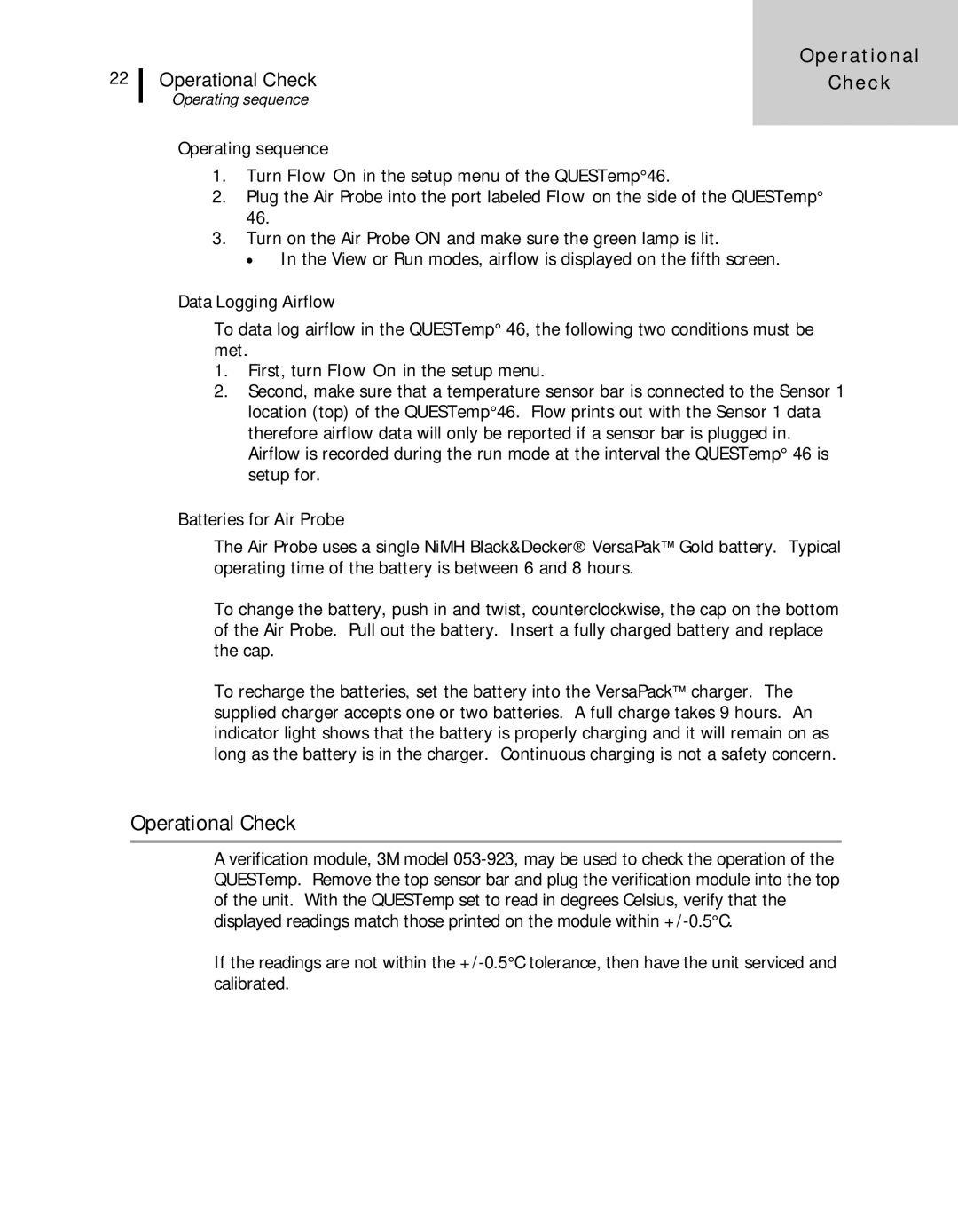 3M 44, 46 user manual Operational Check, Operating sequence, Data Logging Airflow, Batteries for Air Probe 