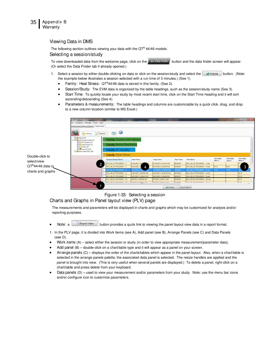 3M 46, 44 user manual Viewing Data in DMS, Selecting a session/study, Charts and Graphs in Panel layout view PLV 