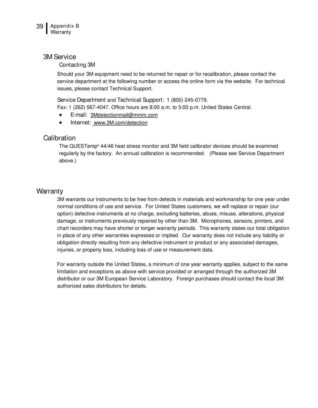 3M 46, 44 user manual 3M Service, Calibration, Warranty, Contacting 3M, Service Department and Technical Support 1 800 