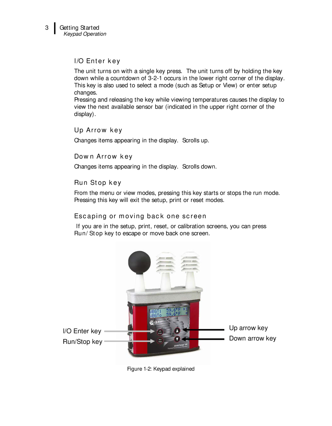 3M 46, 44 user manual Enter key, Up Arrow key, Down Arrow key, Run Stop key, Escaping or moving back one screen 