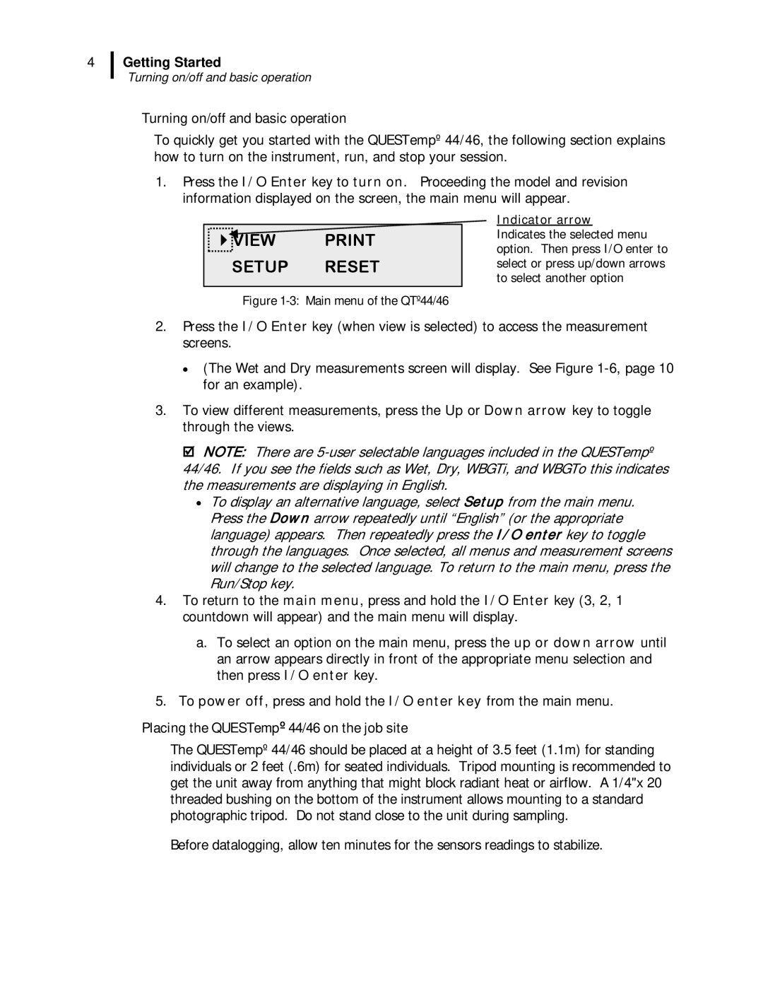 3M user manual Turning on/off and basic operation, Placing the QUESTempº 44/46 on the job site 