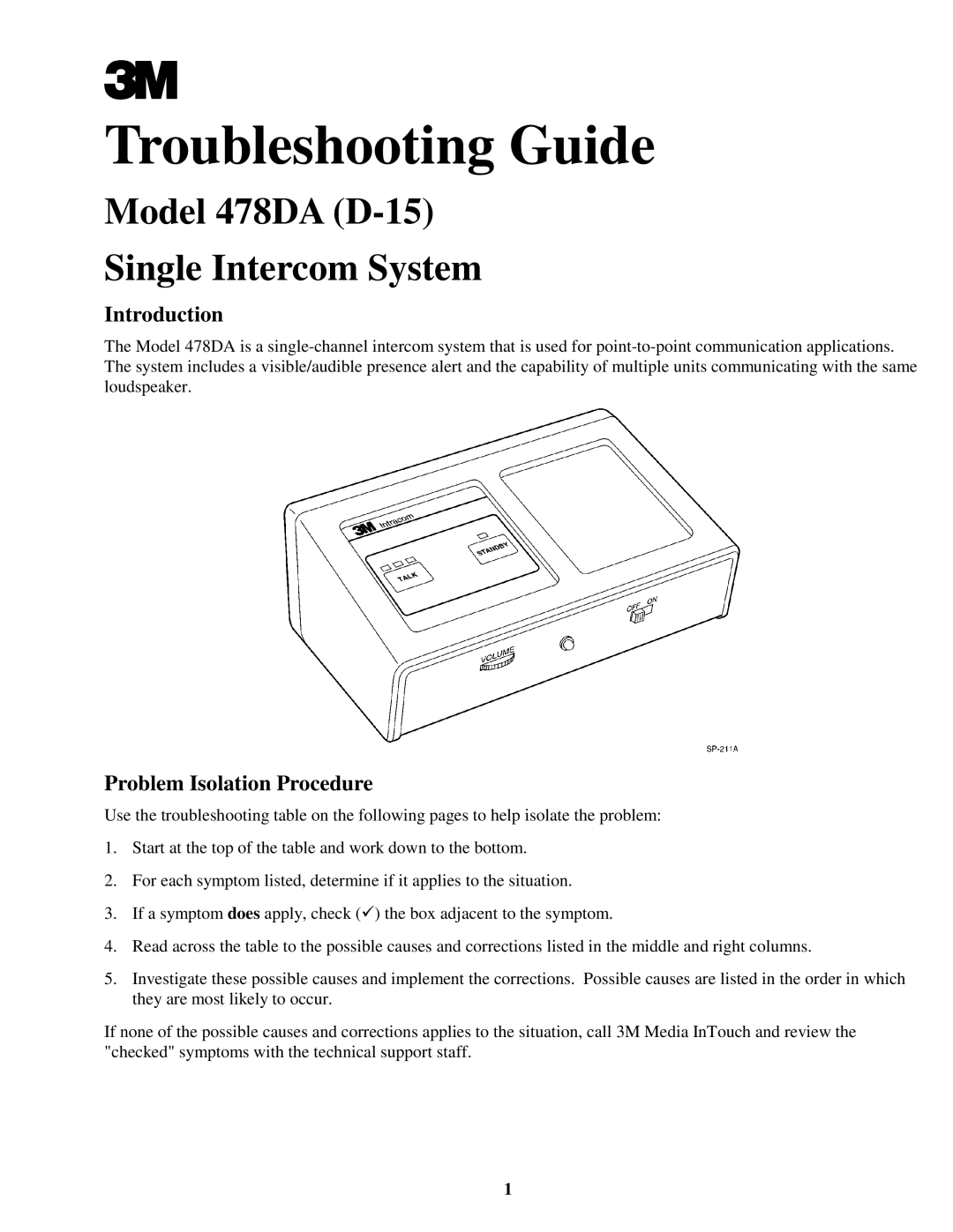 3M 478DA (D-15) manual Troubleshooting Guide, Model 478DA D-15 Single Intercom System 