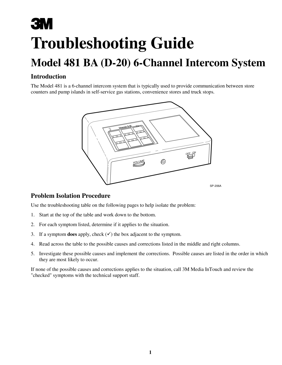 3M 478DA (D-15) manual Model 481 BA D-20 6-Channel Intercom System 