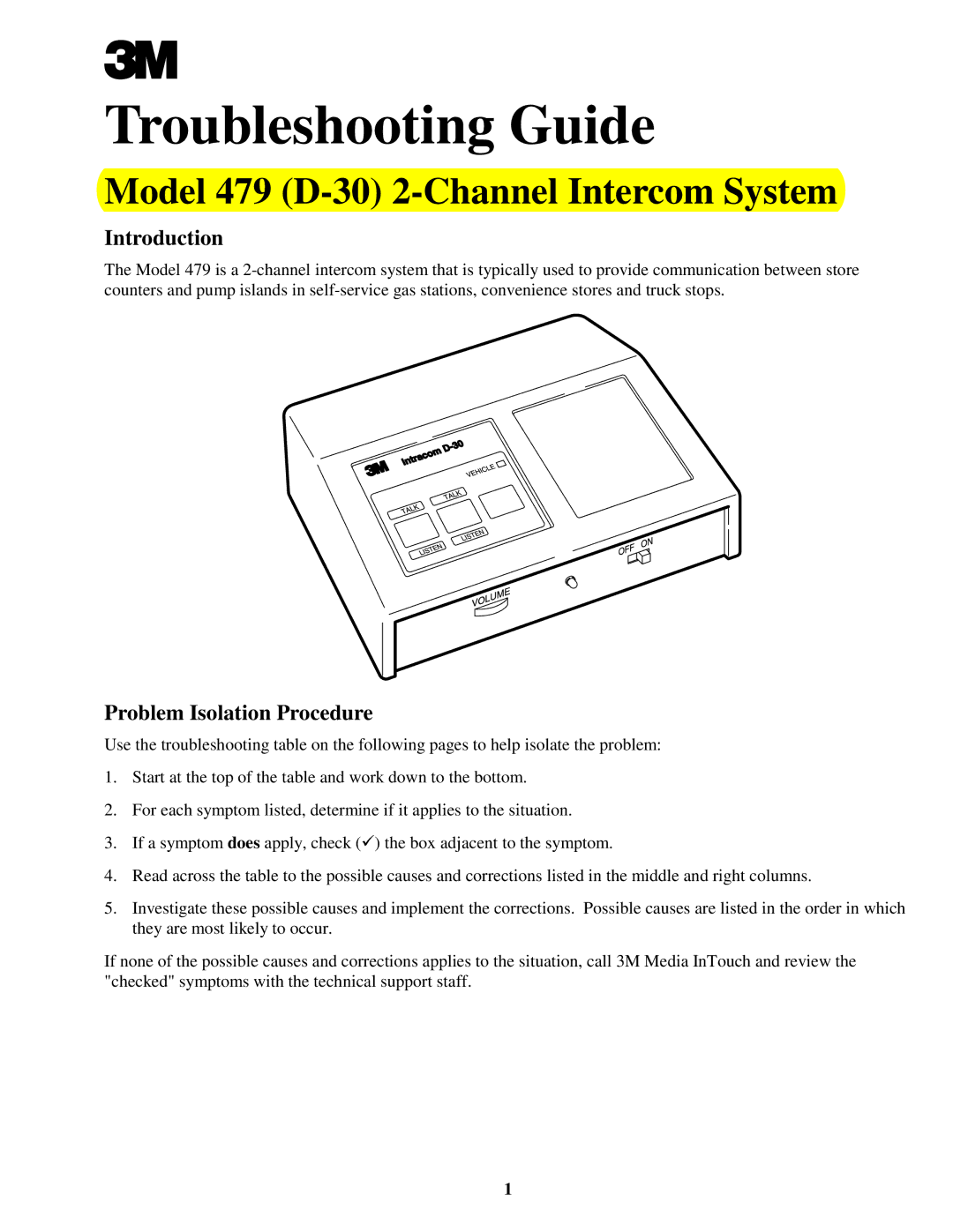 3M 478DA (D-15) manual Model 479 D-30 2-Channel Intercom System 