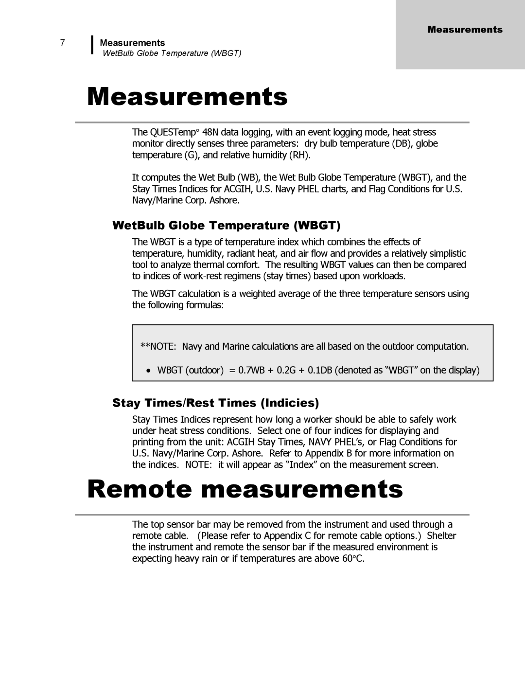 3M 48N user manual WetBulb Globe Temperature Wbgt, Stay Times/Rest Times Indicies 