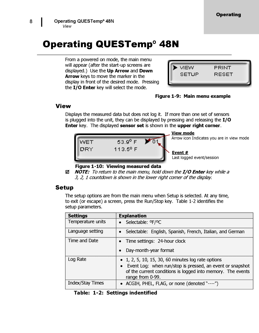 3M user manual Operating QUESTempº 48N, View, Setup, Settings Explanation 