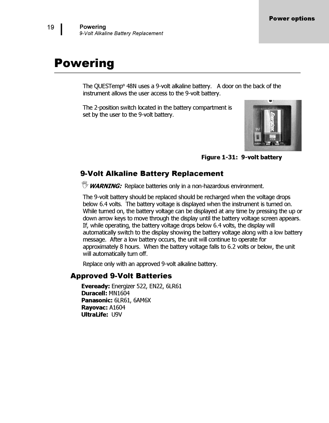 3M 48N user manual Powering, Volt Alkaline Battery Replacement, Approved 9-Volt Batteries, Duracell MN1604 