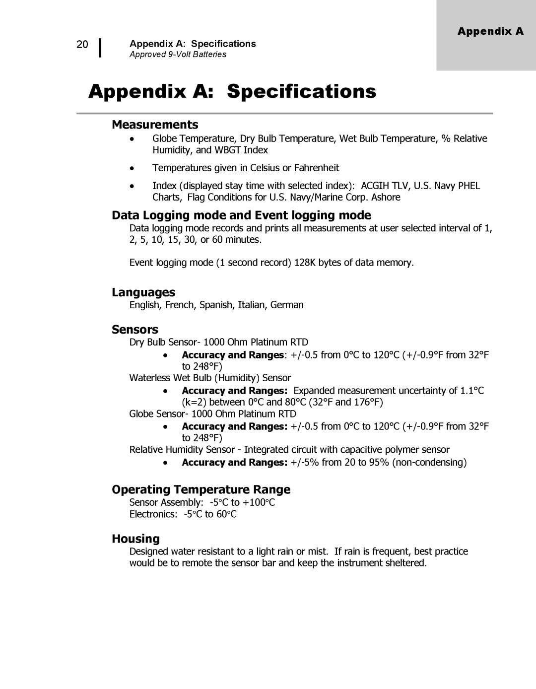 3M 48N user manual Appendix a Specifications, Measurements 