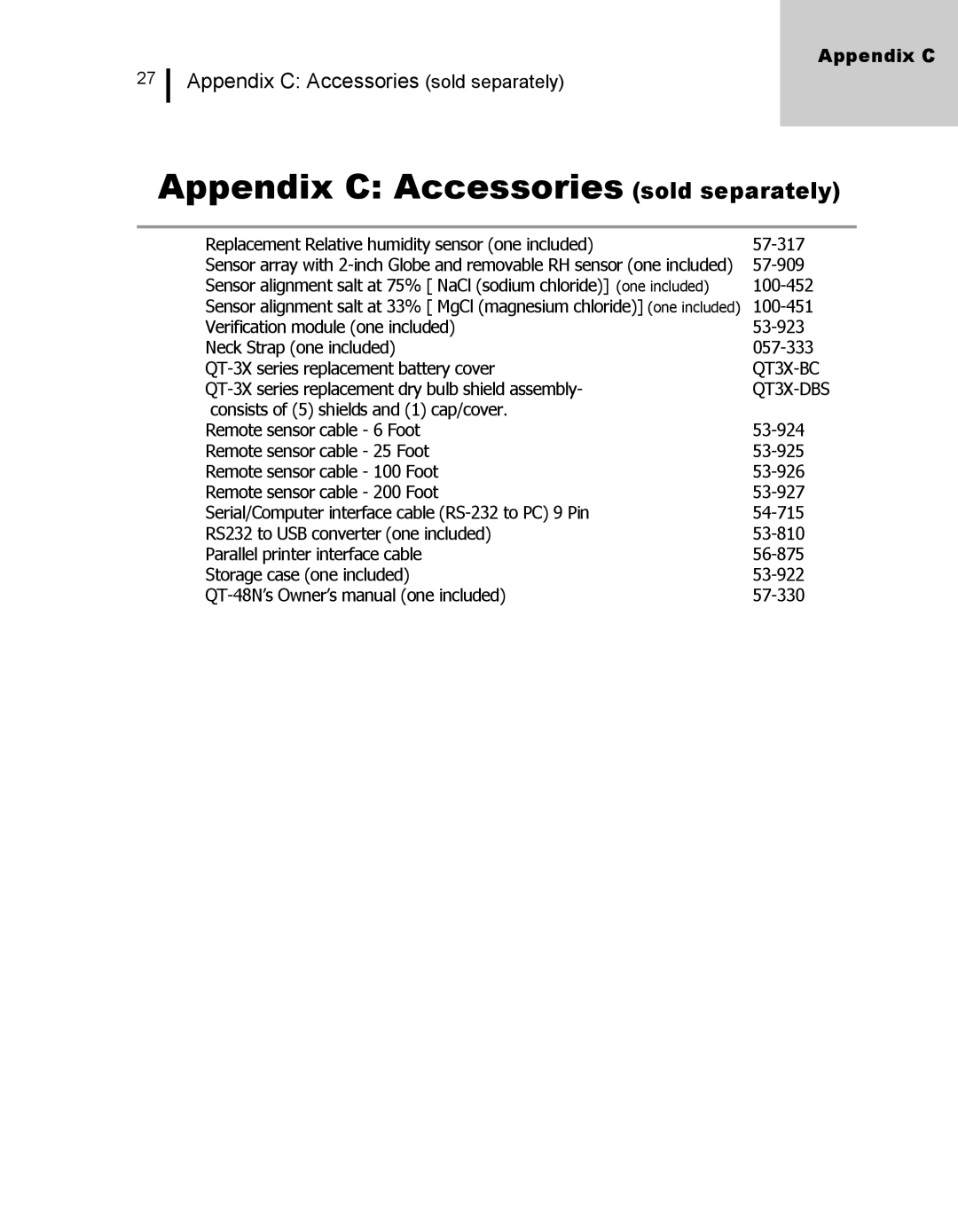 3M 48N user manual Appendix C Accessories sold separately, QT3X-BC 