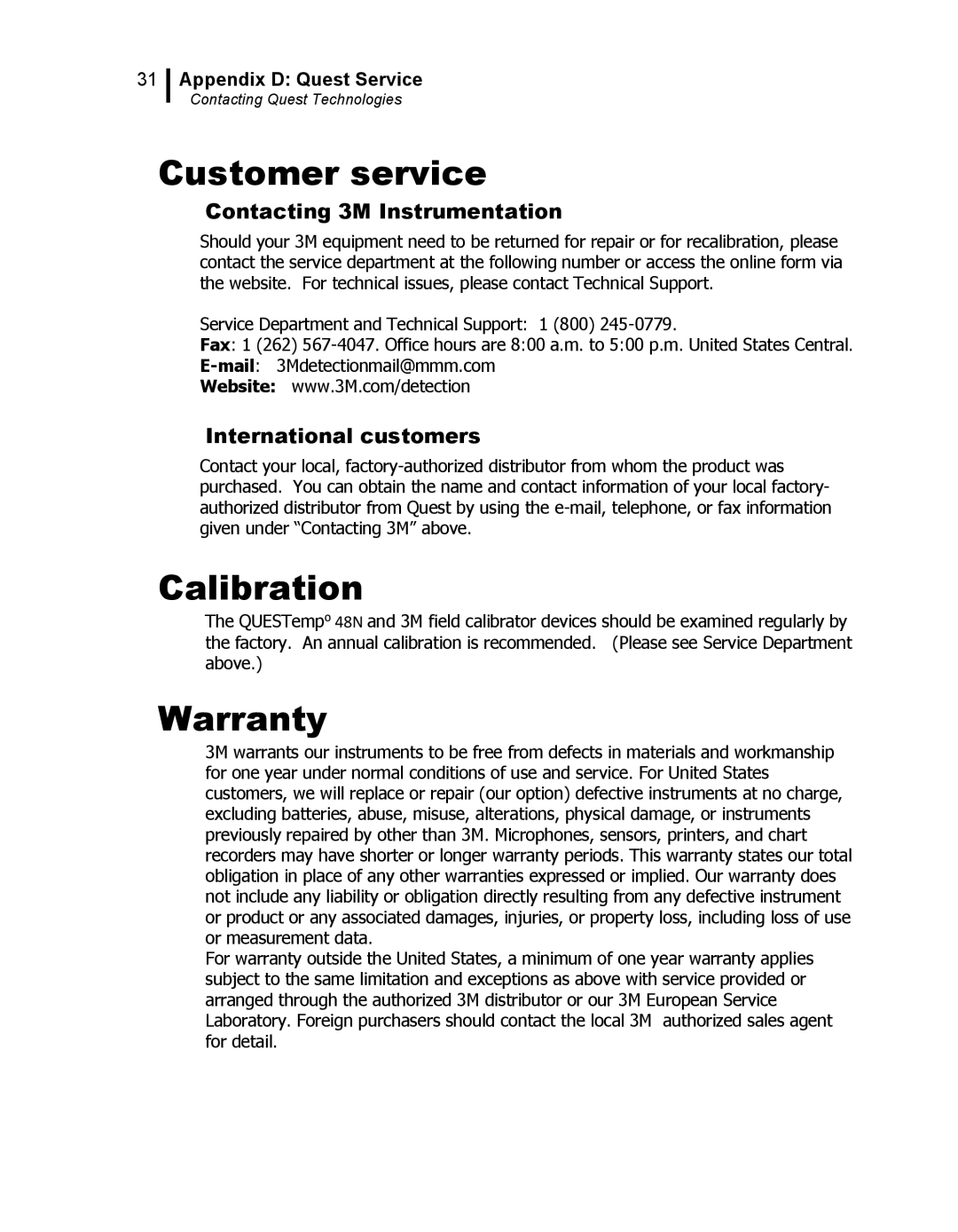 3M 48N user manual Customer service, Calibration, Warranty, Contacting 3M Instrumentation, International customers 