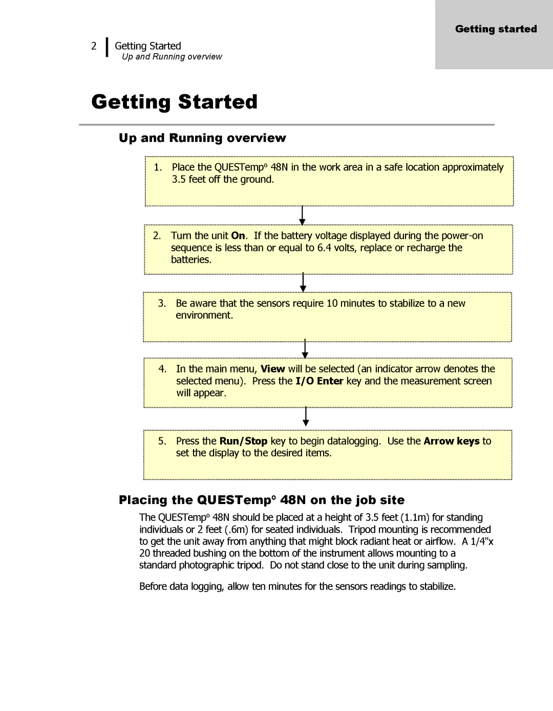 3M user manual Getting Started, Up and Running overview, Placing the QUESTempº 48N on the job site 