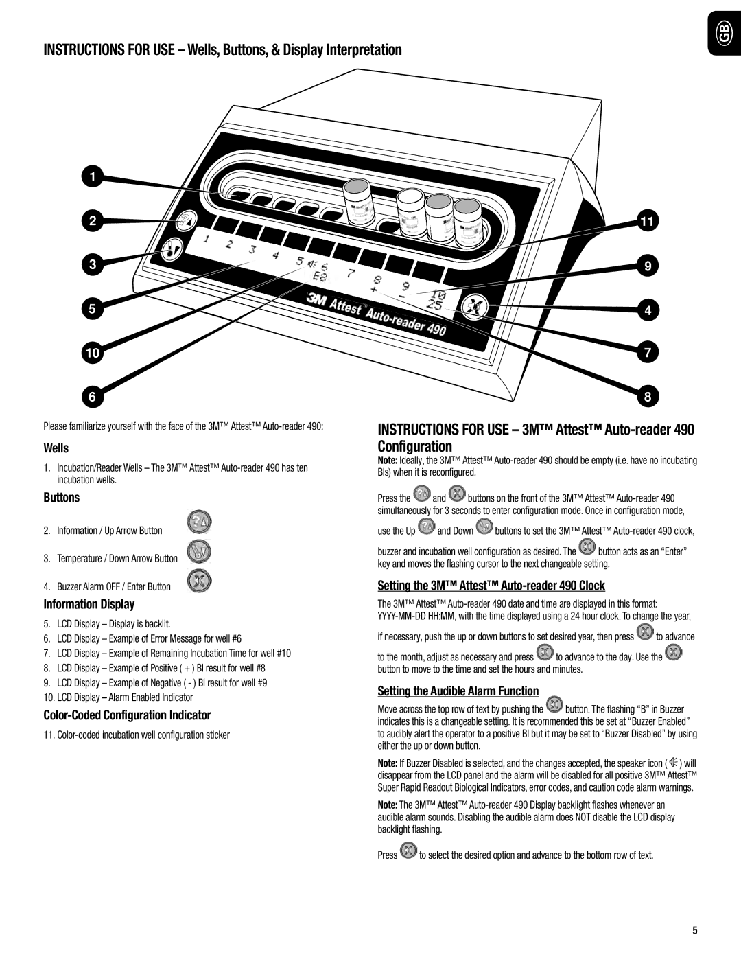 3M 490 Wells, Buttons, Information Display, Color‑Coded Configuration Indicator, Setting the Audible Alarm Function 