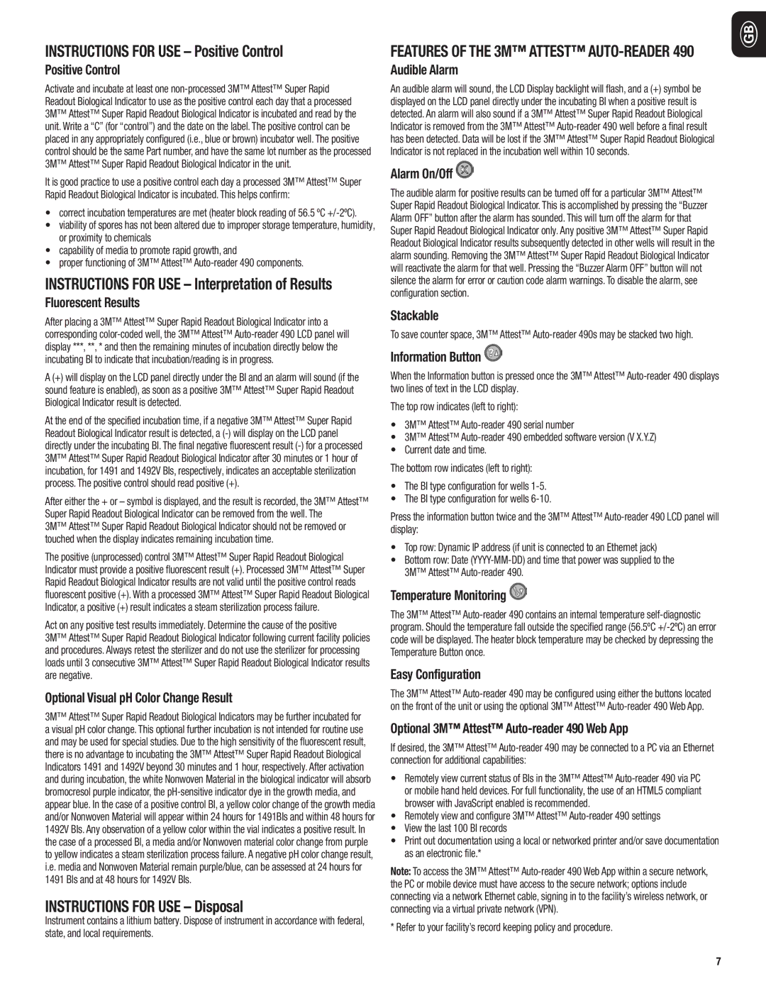 3M 490 manual do utilizador Instructions for USE Positive Control, Instructions for USE Disposal 