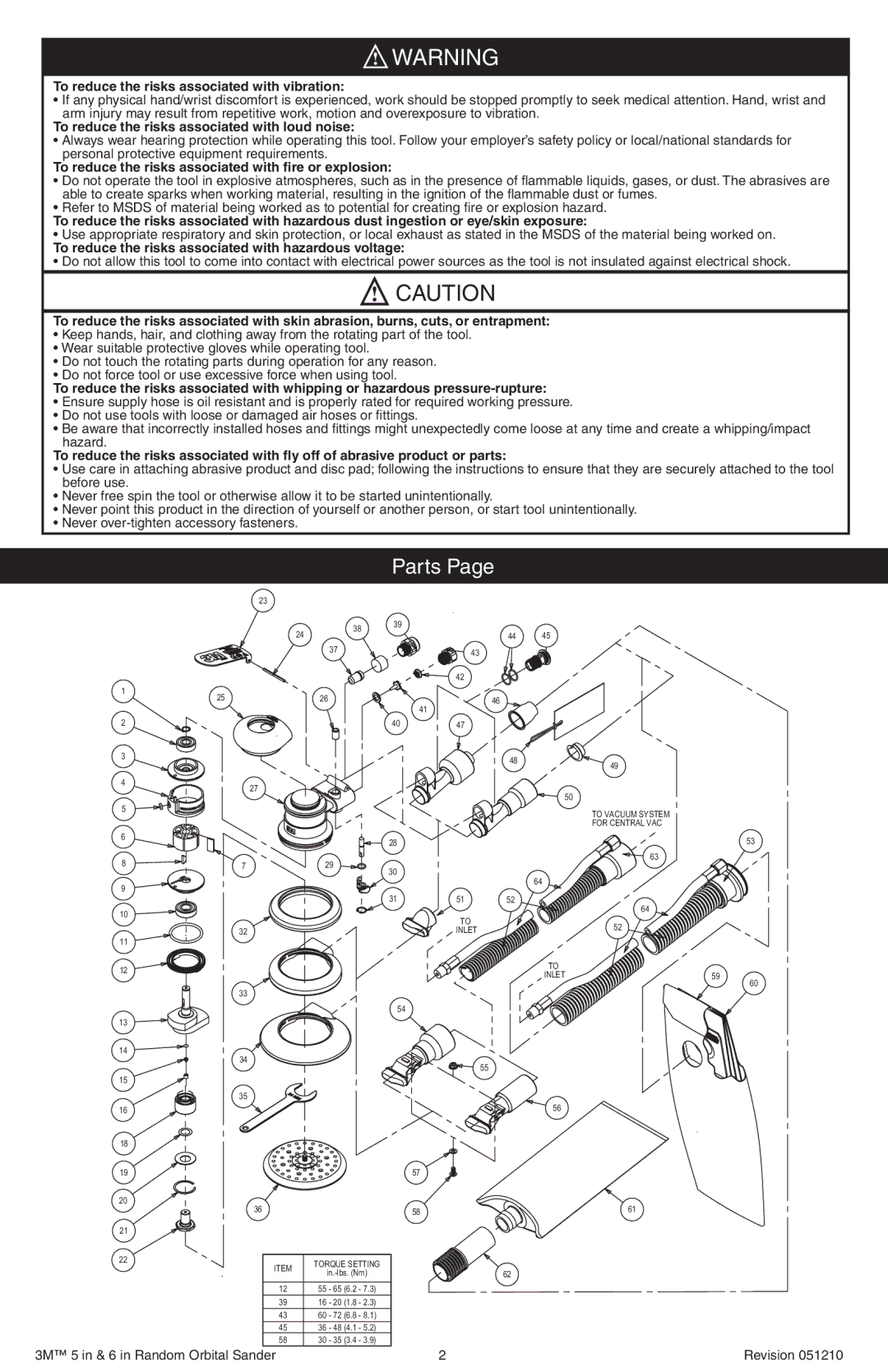 3M 51210 instruction manual Parts, To reduce the risks associated with vibration 