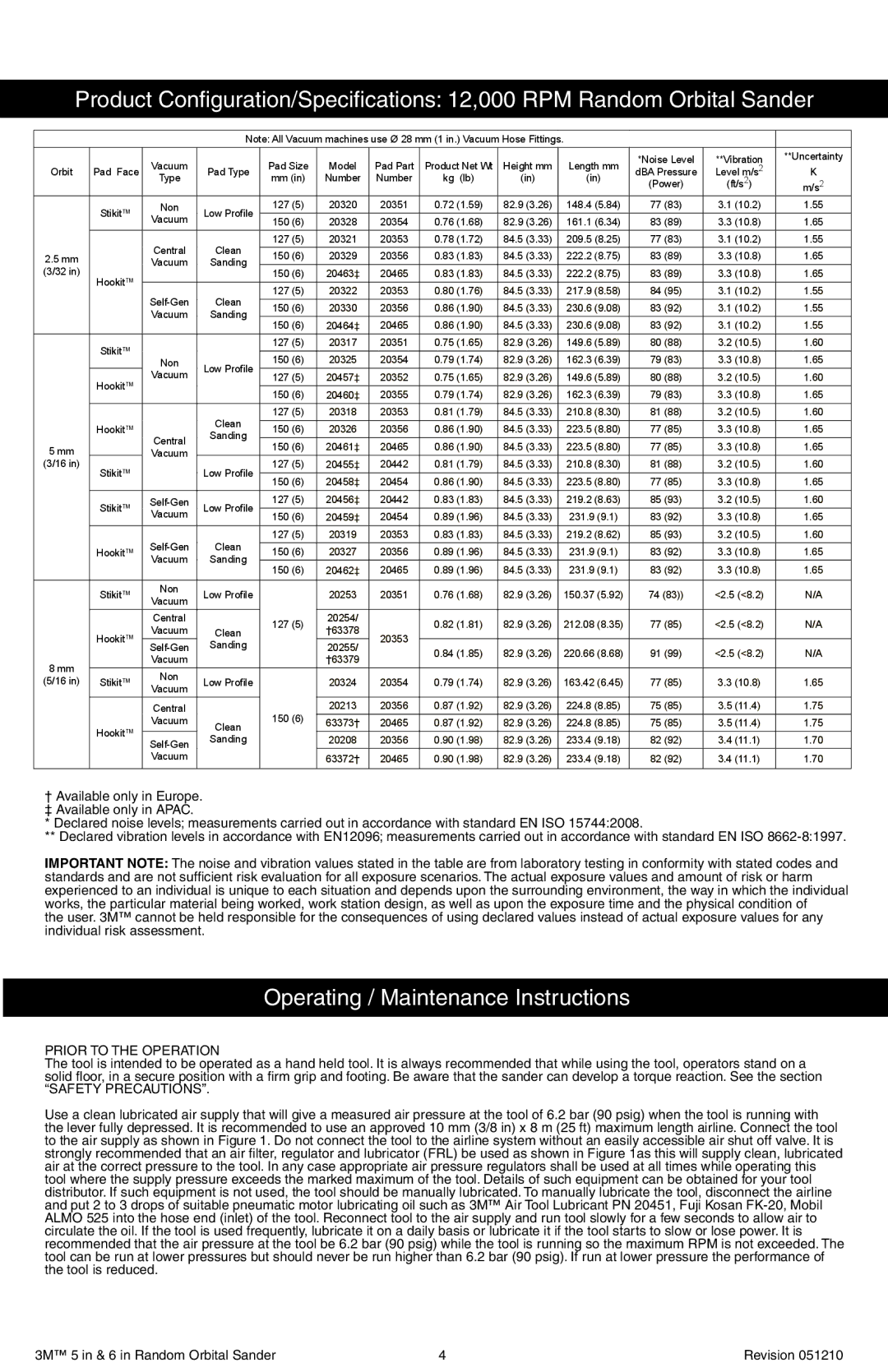 3M 51210 instruction manual Operating / Maintenance Instructions, Prior to the Operation 