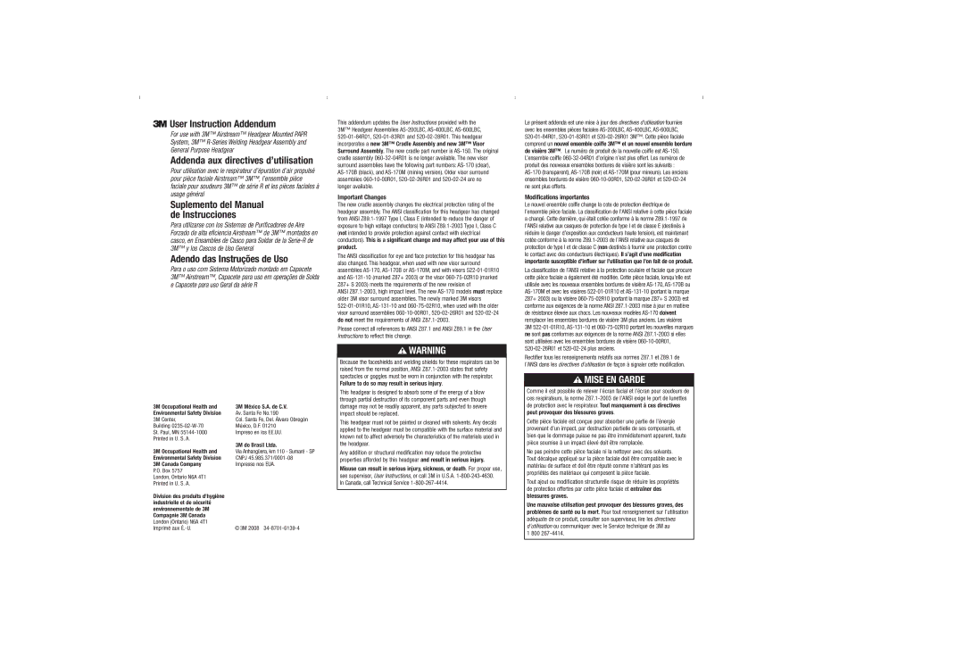 3M 520-02-28R01, 520-01-84R01, AS-200LBC, 520-01-83R01 manual Wmise EN Garde, Important Changes, Modifications importantes 