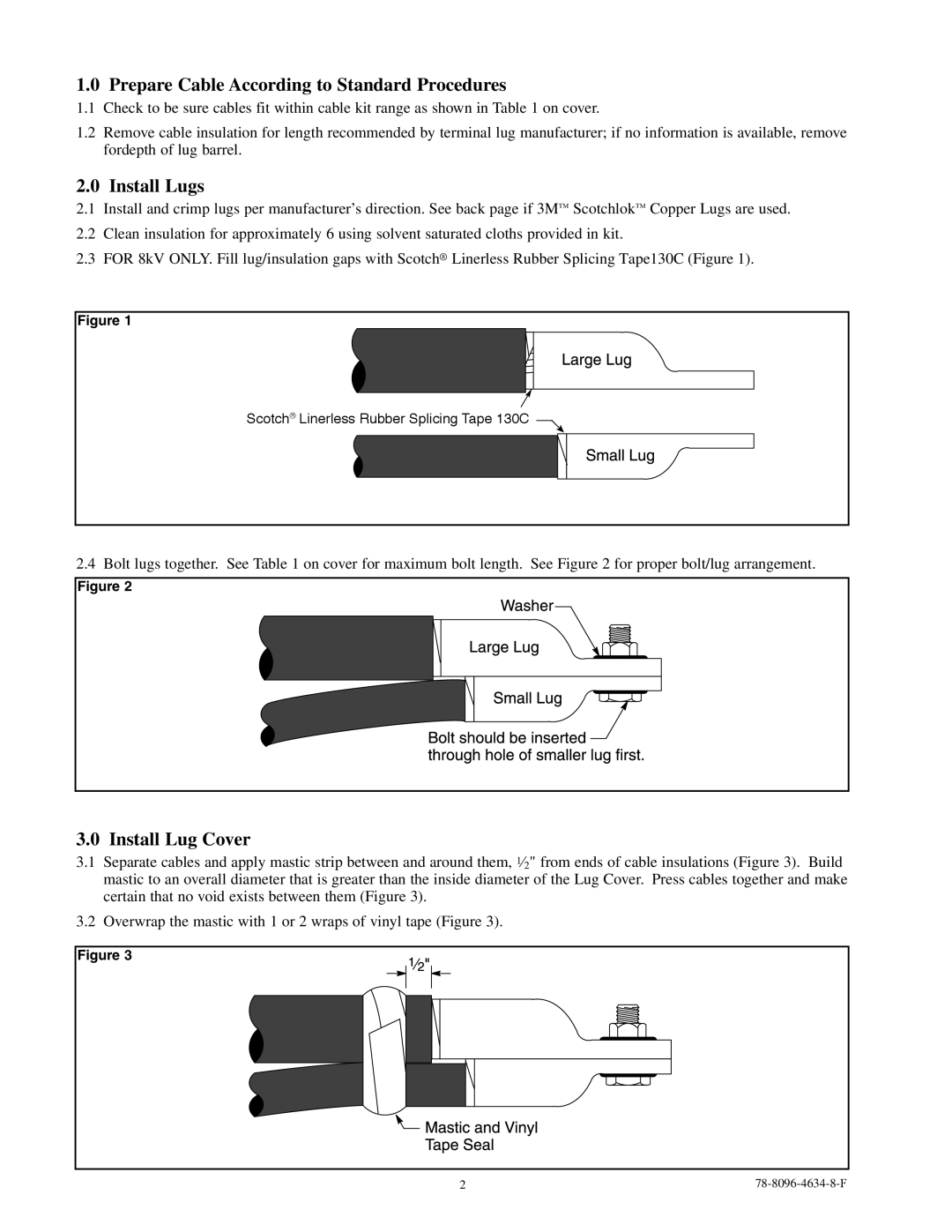 3M 5316, 5319, 5317, 5318 instruction sheet Prepare Cable According to Standard Procedures, Install Lugs, Install Lug Cover 