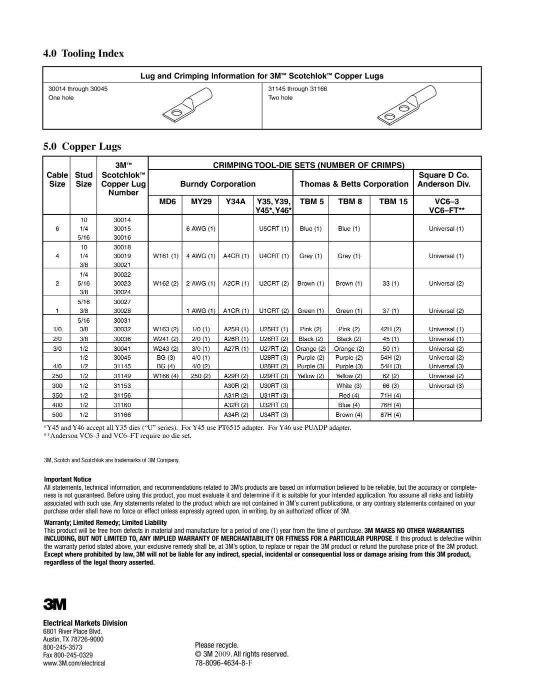 3M 5319, 5317, 5316, 5318 instruction sheet Tooling Index, Copper Lugs 