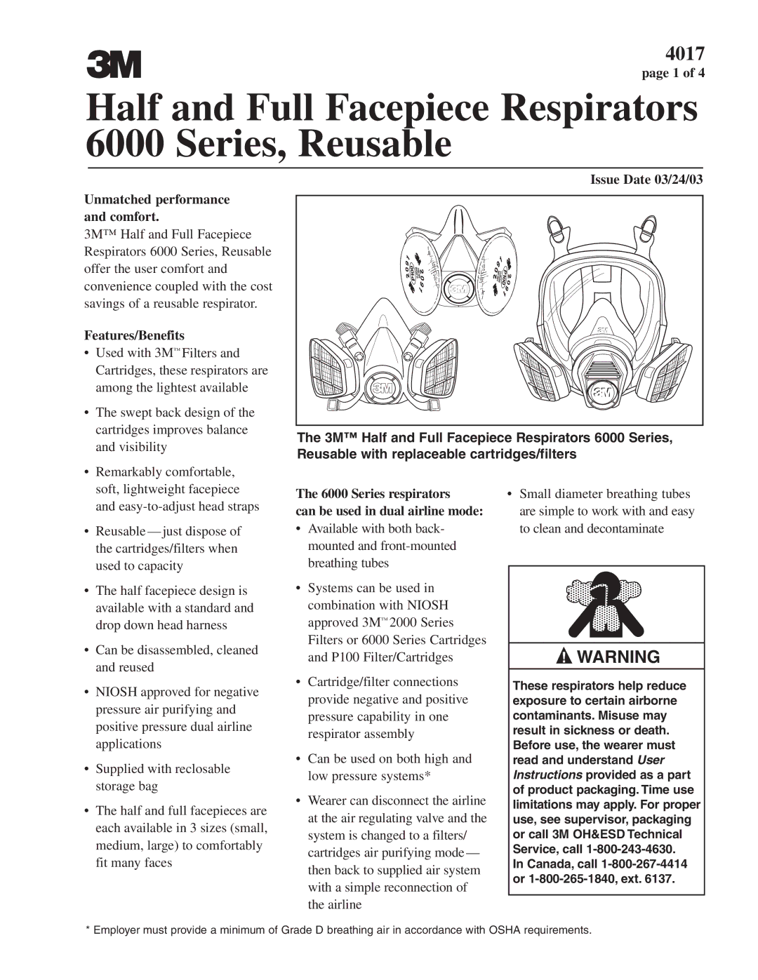 3M 6000 manual Unmatched performance and comfort, Features/Benefits, Issue Date 03/24/03 