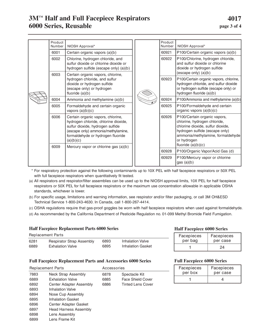 3M manual Half Facepiece Replacement Parts 6000 Series, Half Facepiece 6000 Series, Full Facepiece 6000 Series 