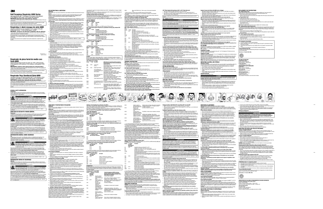 3M 6000 specifications General Safety Information, USE Instructions & Limitations, List of Product, Assembly Instructions 