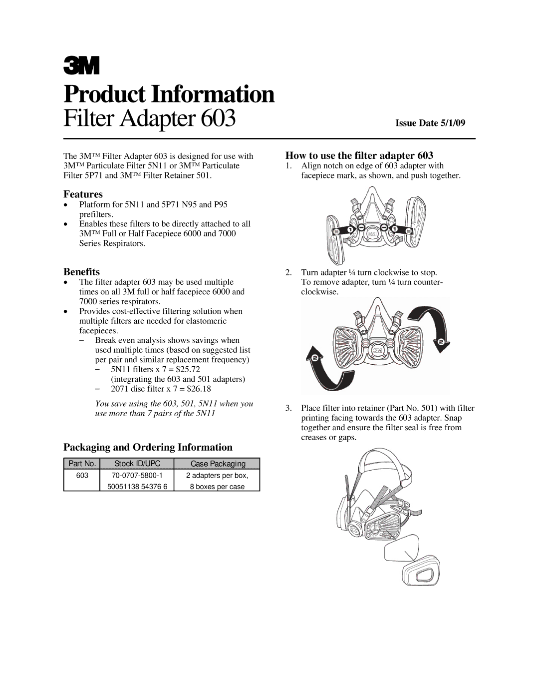 3M 603 manual How to use the filter adapter, Features, Benefits, Packaging and Ordering Information, Stock ID/UPC 