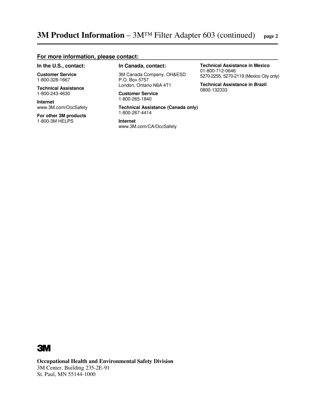 3M manual 3M Product Information 3M Filter Adapter 603, U.S., contact Canada, contact 