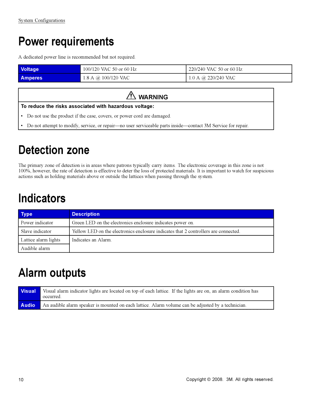 3M 700 Series owner manual Power requirements, Detection zone, Indicators, Alarm outputs 