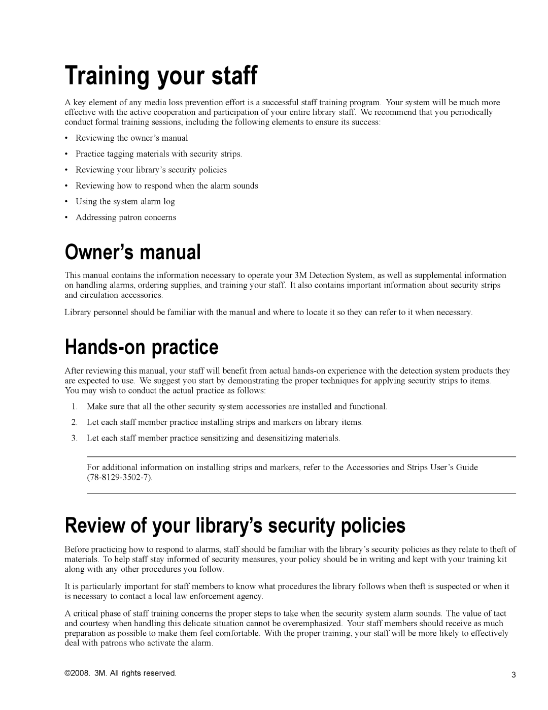 3M 700 Series owner manual Training your staff, Hands-on practice, Review of your library’s security policies 