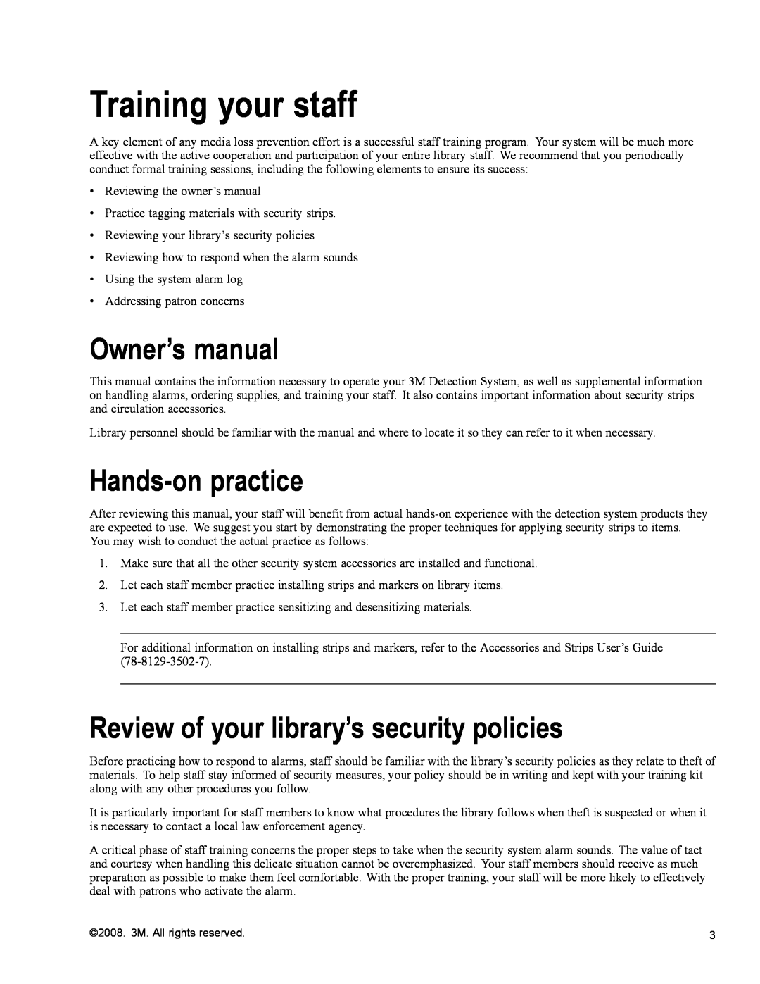 3M 700 Series Training your staff, Owner’s manual, Hands-onpractice, Review of your library’s security policies 