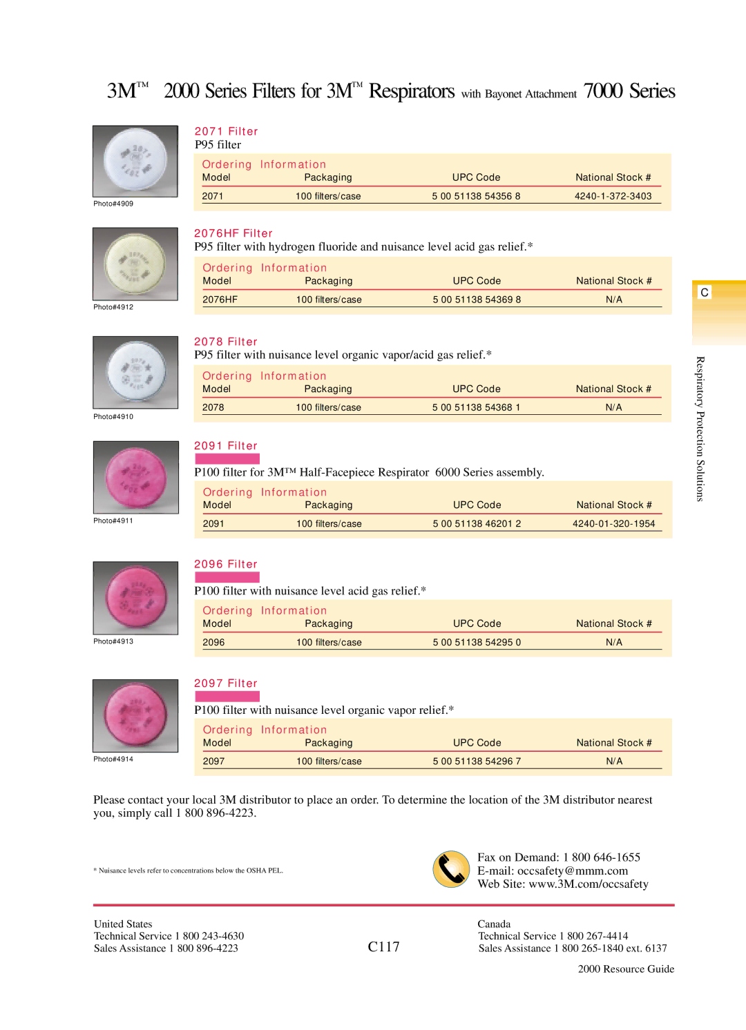 3M 7000 Series manual C117, P95 filter, P100 filter with nuisance level acid gas relief, Mail occsafety@mmm.com 