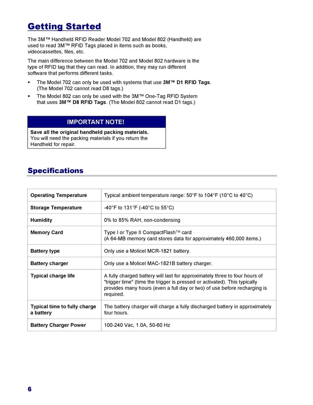 3M 702, 802 owner manual Getting Started, Specifications 