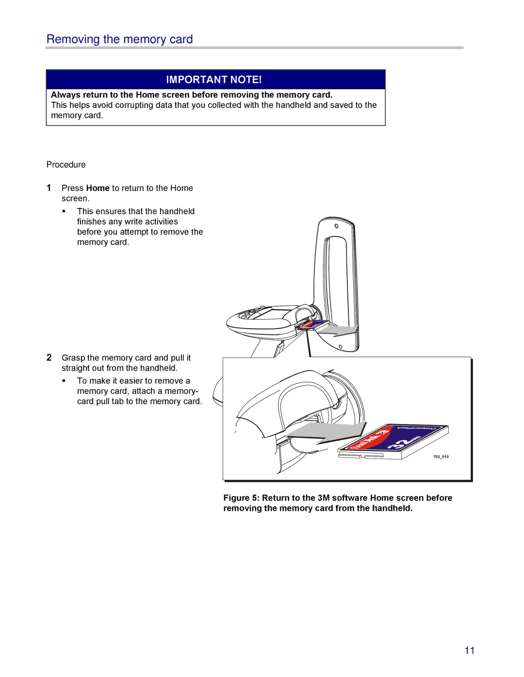 3M 802, 702 owner manual Removing the memory card, Procedure 