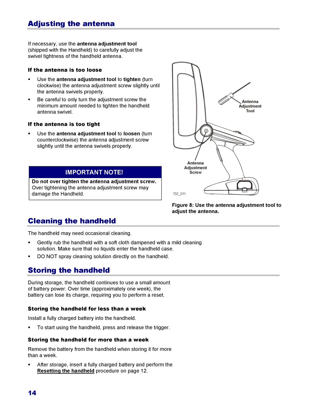 3M 702, 802 owner manual Adjusting the antenna, Cleaning the handheld, Storing the handheld for less than a week 