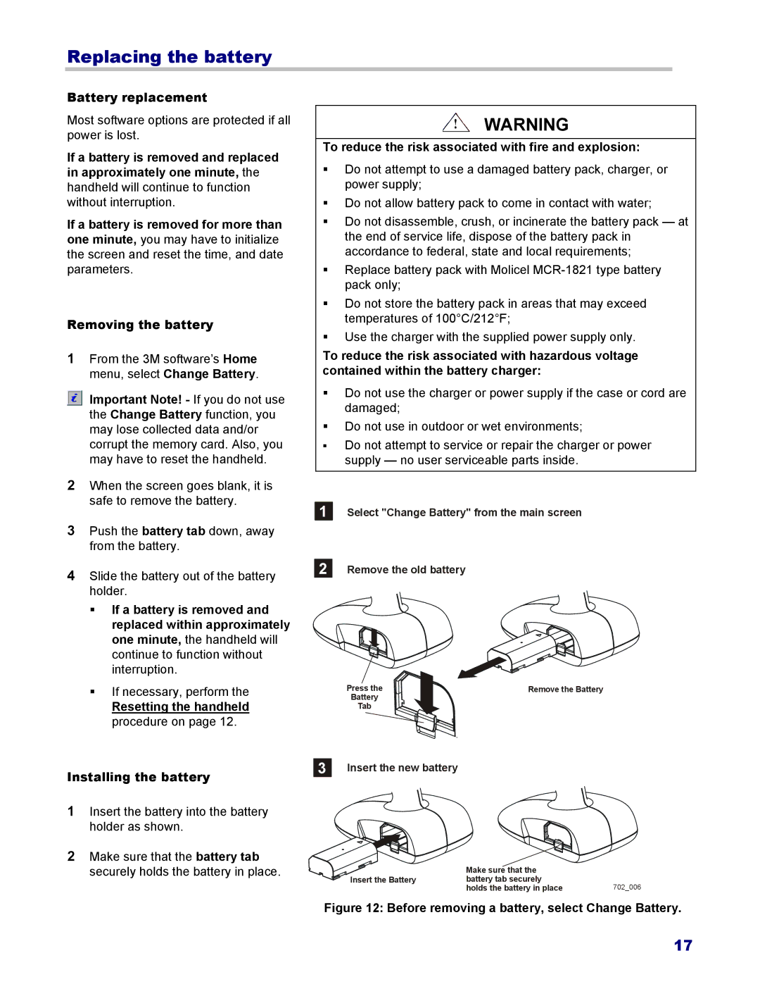 3M 802, 702 owner manual Replacing the battery, Battery replacement 