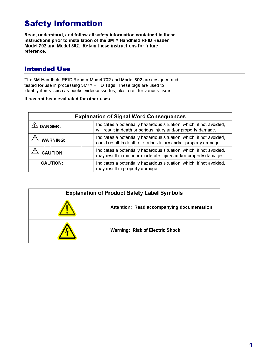 3M 802, 702 owner manual Safety Information, Intended Use, It has not been evaluated for other uses 