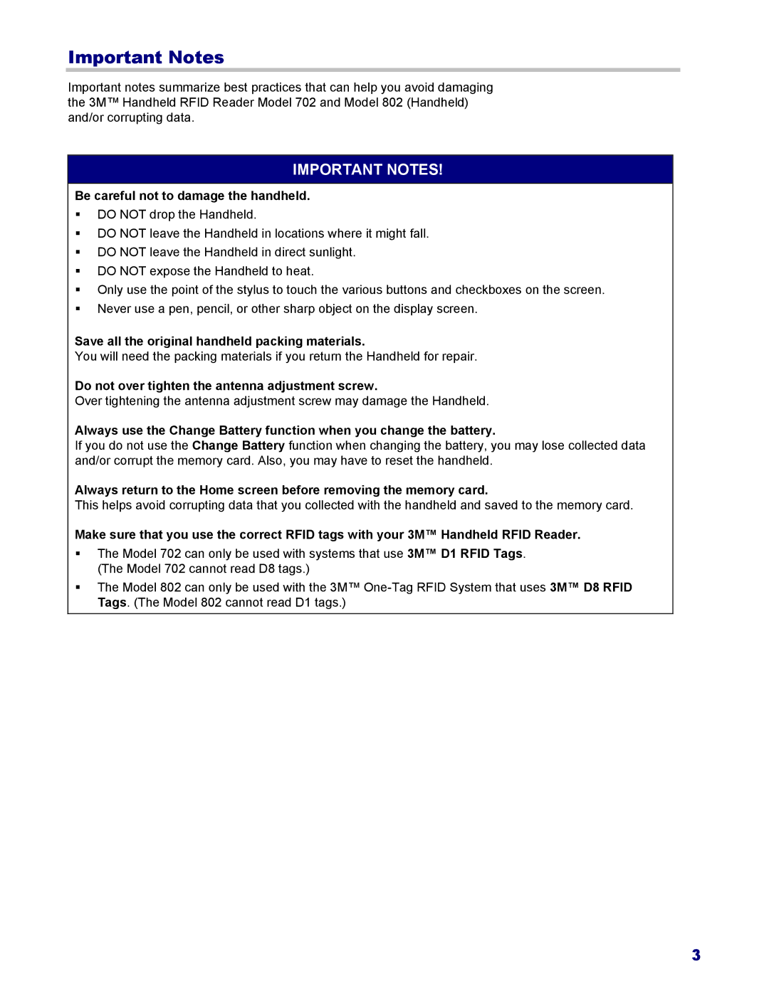 3M 802, 702 Important Notes, Be careful not to damage the handheld, Save all the original handheld packing materials 