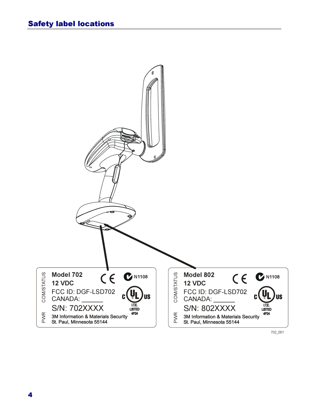 3M 702, 802 owner manual Safety label locations 