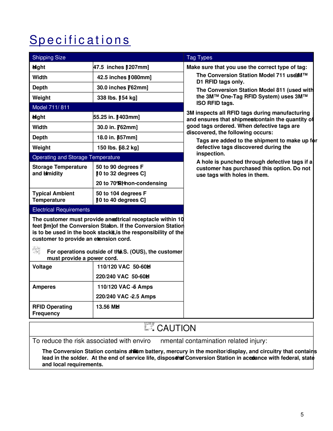 3M 711/811 owner manual Specifications, Operating and Storage Temperature 