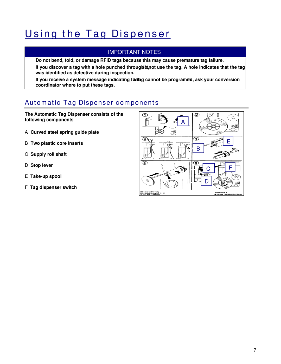 3M 711/811 owner manual Using the Tag Dispenser, Automatic Tag Dispenser components 