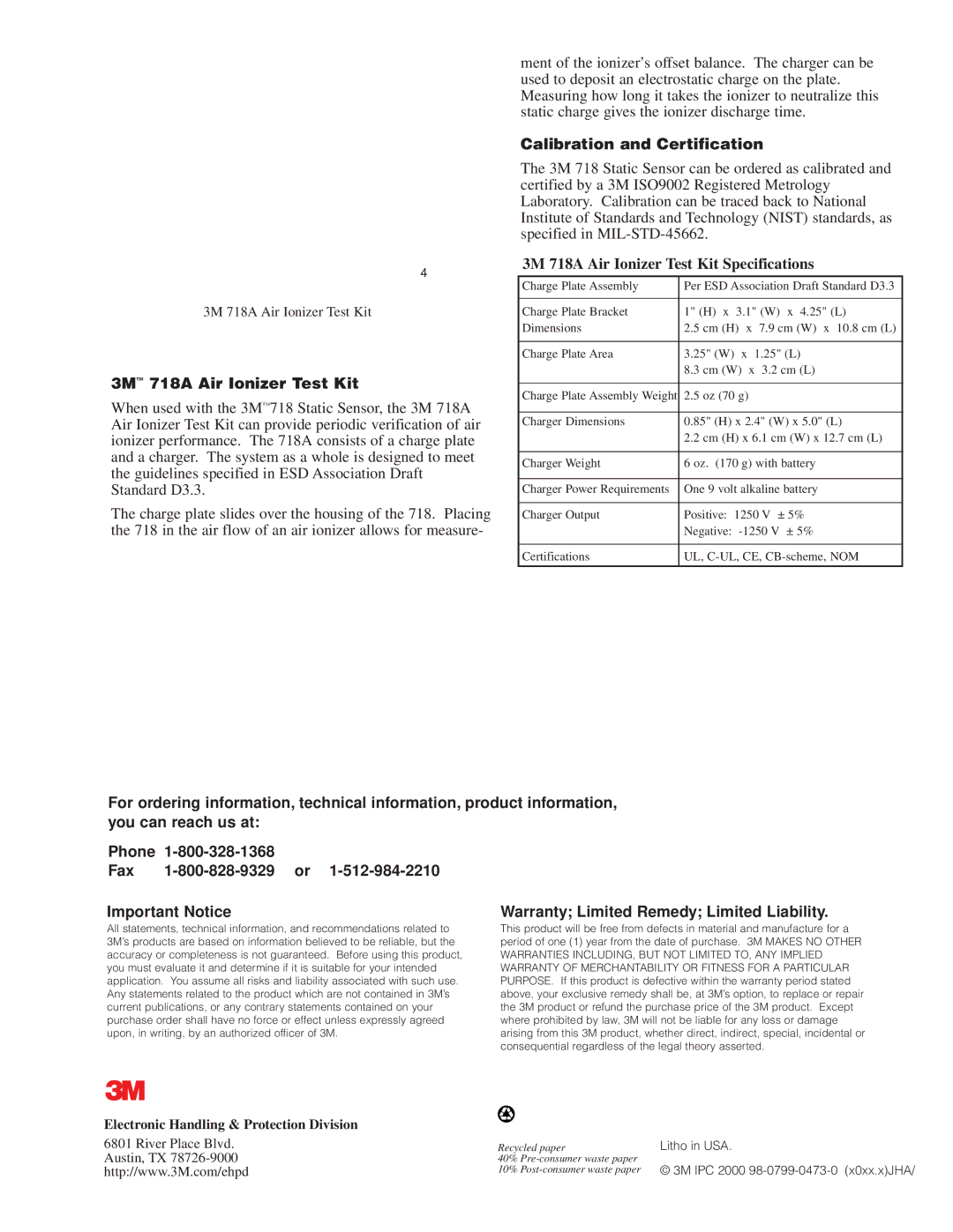 3M specifications Calibration and Certification, 3M 718A Air Ionizer Test Kit Specifications 