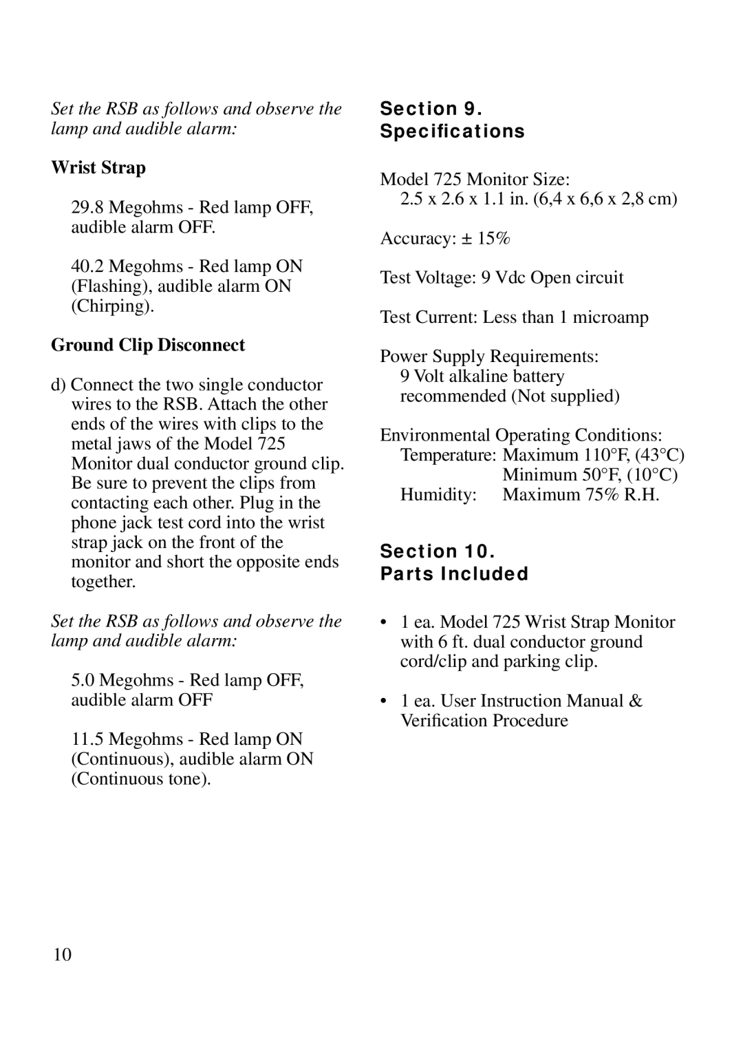 3M 725 manual Wrist Strap, Ground Clip Disconnect, Section Speciﬁcations, Section Parts Included 