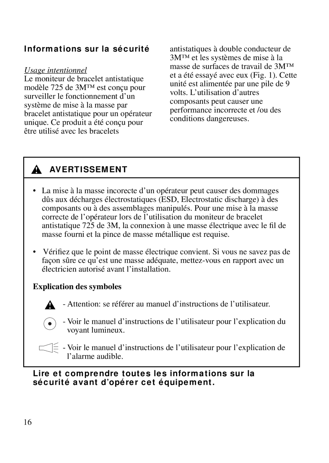 3M 725 manual Informations sur la sécurité, Usage intentionnel, Explication des symboles 